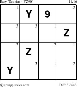The grouppuzzles.com Easy Sudoku-4-YZ90 puzzle for  with the first 3 steps marked