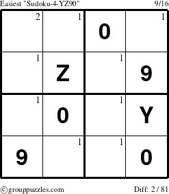 The grouppuzzles.com Easiest Sudoku-4-YZ90 puzzle for  with the first 2 steps marked