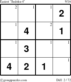 The grouppuzzles.com Easiest Sudoku-4 puzzle for  with the first 2 steps marked