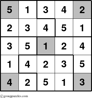 The grouppuzzles.com Answer grid for the Sudoku-5-Spot puzzle for 