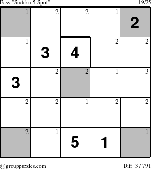 The grouppuzzles.com Easy Sudoku-5-Spot puzzle for  with the first 3 steps marked
