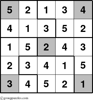 The grouppuzzles.com Answer grid for the Sudoku-5-Spot puzzle for 