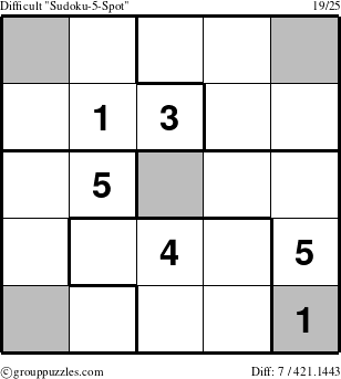The grouppuzzles.com Difficult Sudoku-5-Spot puzzle for 