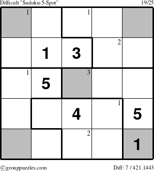 The grouppuzzles.com Difficult Sudoku-5-Spot puzzle for  with the first 3 steps marked
