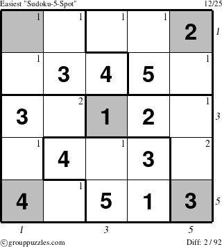 The grouppuzzles.com Easiest Sudoku-5-Spot puzzle for  with all 2 steps marked
