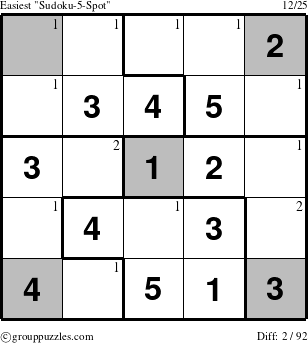 The grouppuzzles.com Easiest Sudoku-5-Spot puzzle for  with the first 2 steps marked