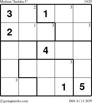 The grouppuzzles.com Medium Sudoku-5 puzzle for  with the first 3 steps marked