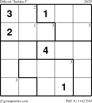 The grouppuzzles.com Difficult Sudoku-5 puzzle for  with the first 3 steps marked