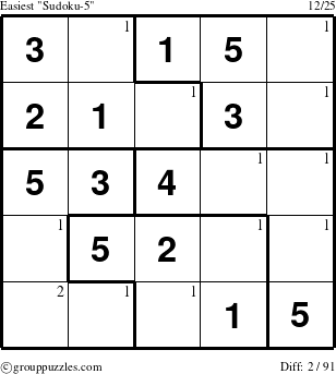 The grouppuzzles.com Easiest Sudoku-5 puzzle for  with the first 2 steps marked