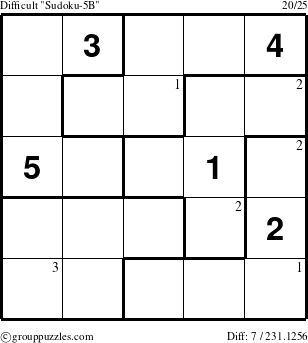 The grouppuzzles.com Difficult Sudoku-5B puzzle for  with the first 3 steps marked
