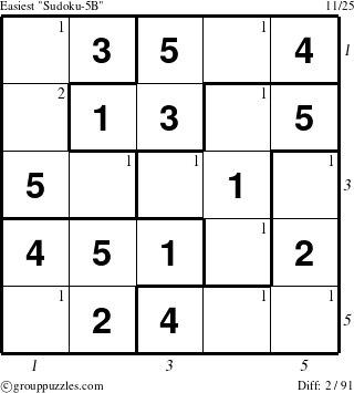 The grouppuzzles.com Easiest Sudoku-5B puzzle for  with all 2 steps marked