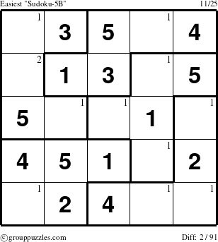 The grouppuzzles.com Easiest Sudoku-5B puzzle for  with the first 2 steps marked