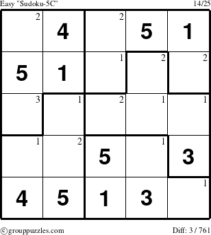 The grouppuzzles.com Easy Sudoku-5C puzzle for  with the first 3 steps marked