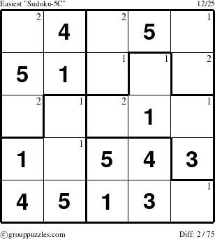 The grouppuzzles.com Easiest Sudoku-5C puzzle for  with the first 2 steps marked