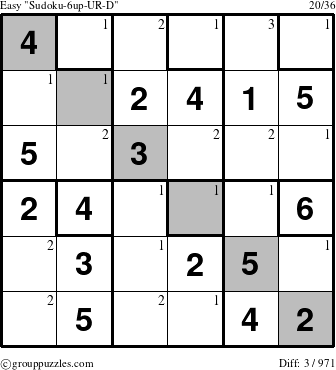The grouppuzzles.com Easy Sudoku-6up-UR-D puzzle for  with the first 3 steps marked