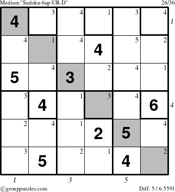 The grouppuzzles.com Medium Sudoku-6up-UR-D puzzle for  with all 5 steps marked