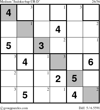 The grouppuzzles.com Medium Sudoku-6up-UR-D puzzle for  with the first 3 steps marked