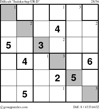 The grouppuzzles.com Difficult Sudoku-6up-UR-D puzzle for  with the first 3 steps marked