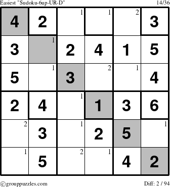 The grouppuzzles.com Easiest Sudoku-6up-UR-D puzzle for  with the first 2 steps marked
