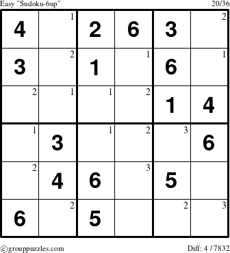 The grouppuzzles.com Easy Sudoku-6up puzzle for  with the first 3 steps marked
