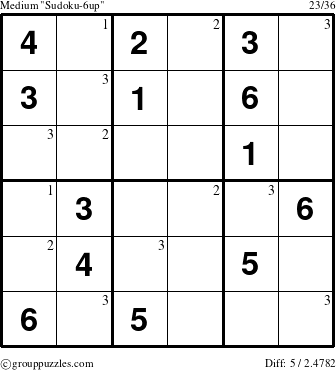 The grouppuzzles.com Medium Sudoku-6up puzzle for  with the first 3 steps marked