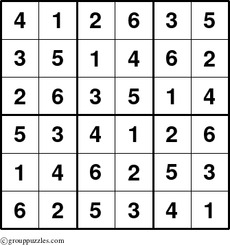The grouppuzzles.com Answer grid for the Sudoku-6up puzzle for 