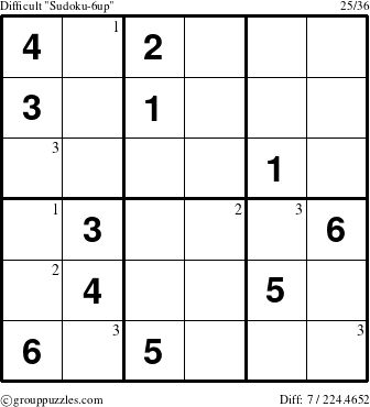 The grouppuzzles.com Difficult Sudoku-6up puzzle for  with the first 3 steps marked
