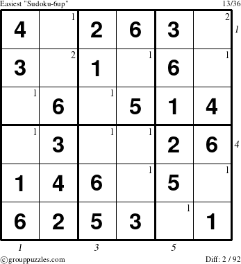 The grouppuzzles.com Easiest Sudoku-6up puzzle for  with all 2 steps marked