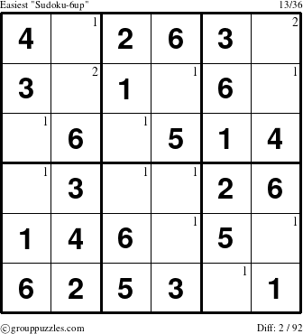 The grouppuzzles.com Easiest Sudoku-6up puzzle for  with the first 2 steps marked