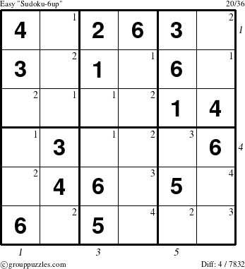 The grouppuzzles.com Easy Sudoku-6up puzzle for  with all 4 steps marked