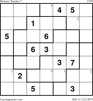 The grouppuzzles.com Medium Sudoku-7 puzzle for  with the first 3 steps marked