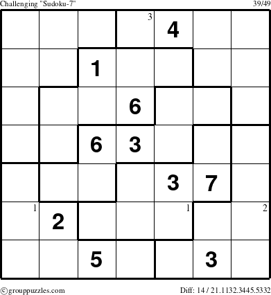 The grouppuzzles.com Challenging Sudoku-7 puzzle for  with the first 3 steps marked
