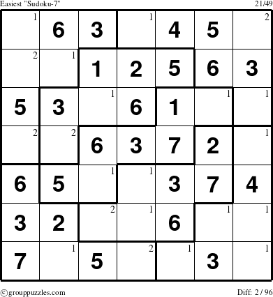 The grouppuzzles.com Easiest Sudoku-7 puzzle for  with the first 2 steps marked