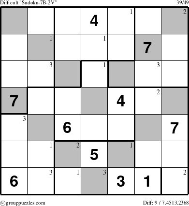 The grouppuzzles.com Difficult Sudoku-7B-2V puzzle for  with the first 3 steps marked