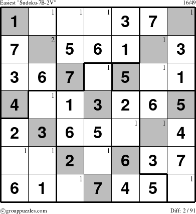 The grouppuzzles.com Easiest Sudoku-7B-2V puzzle for  with the first 2 steps marked