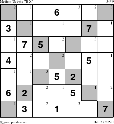 The grouppuzzles.com Medium Sudoku-7B-X puzzle for  with the first 3 steps marked