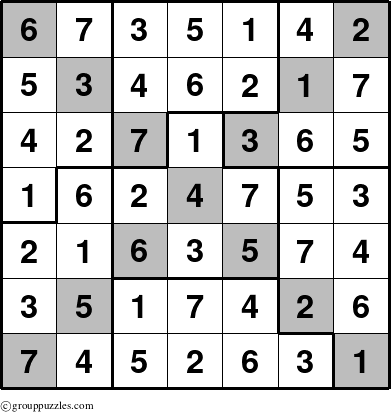 The grouppuzzles.com Answer grid for the Sudoku-7B-X puzzle for 