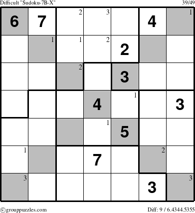 The grouppuzzles.com Difficult Sudoku-7B-X puzzle for  with the first 3 steps marked