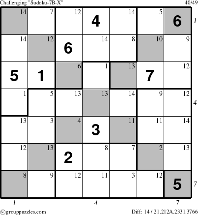 The grouppuzzles.com Challenging Sudoku-7B-X puzzle for  with all 14 steps marked