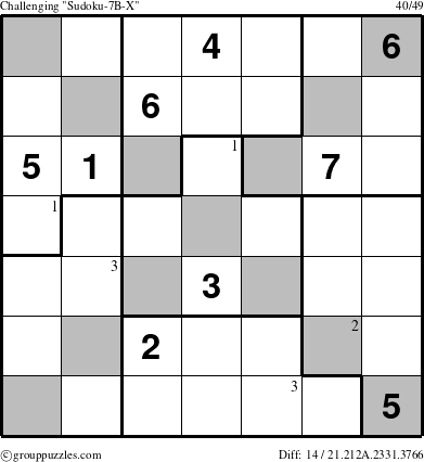 The grouppuzzles.com Challenging Sudoku-7B-X puzzle for  with the first 3 steps marked