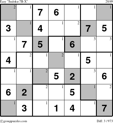 The grouppuzzles.com Easy Sudoku-7B-X puzzle for  with the first 3 steps marked