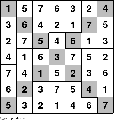 The grouppuzzles.com Answer grid for the Sudoku-7B-X puzzle for 