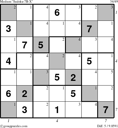 The grouppuzzles.com Medium Sudoku-7B-X puzzle for  with all 5 steps marked