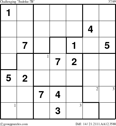 The grouppuzzles.com Challenging Sudoku-7B puzzle for  with the first 3 steps marked