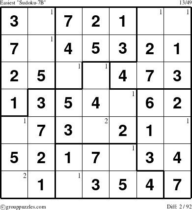 The grouppuzzles.com Easiest Sudoku-7B puzzle for  with the first 2 steps marked