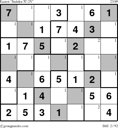 The grouppuzzles.com Easiest Sudoku-7C-2V puzzle for  with the first 2 steps marked