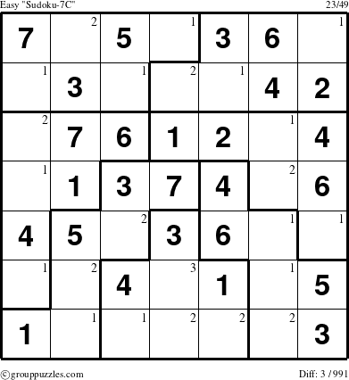 The grouppuzzles.com Easy Sudoku-7C puzzle for  with the first 3 steps marked