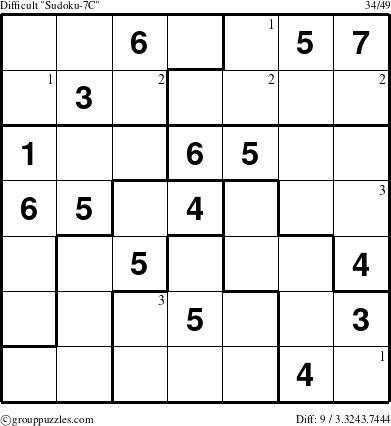 The grouppuzzles.com Difficult Sudoku-7C puzzle for  with the first 3 steps marked
