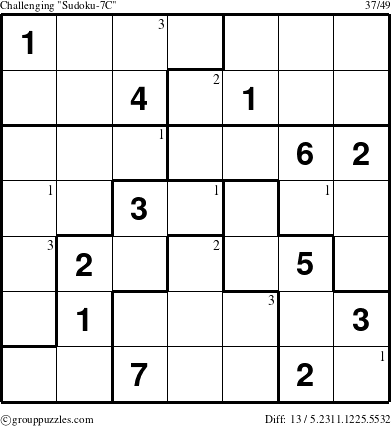 The grouppuzzles.com Challenging Sudoku-7C puzzle for  with the first 3 steps marked