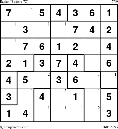 The grouppuzzles.com Easiest Sudoku-7C puzzle for  with the first 2 steps marked